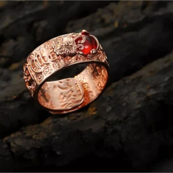 Rose gold titanium Chinese luck symbols dragon and red glass adjustable ring new - Picture 2 of 6